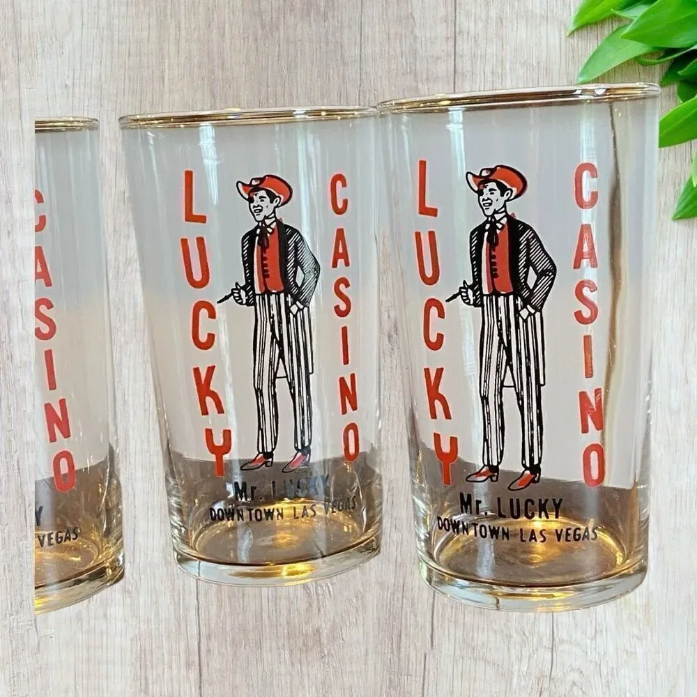 4 - Lucky Casino - Mr. Lucky - Downtown Las Vegas Bar Glass Vintage 4.75”